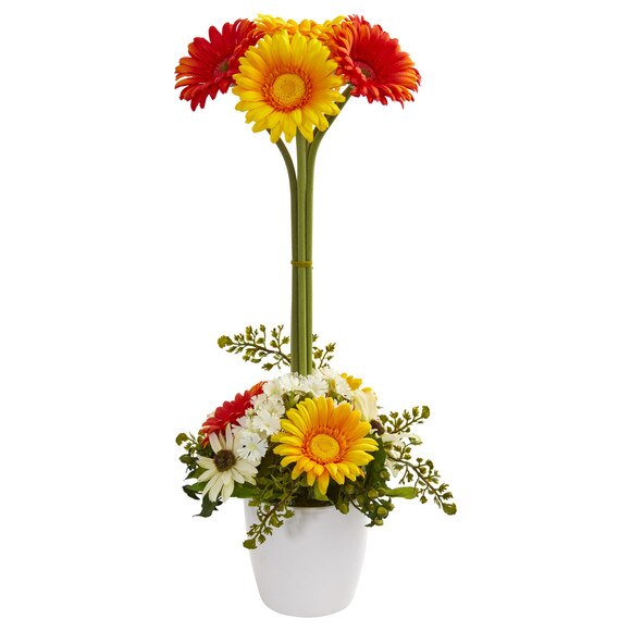Gerber Daisy Artificial Arrangement in Ceramic Vase - SKU #1628-BU - 8